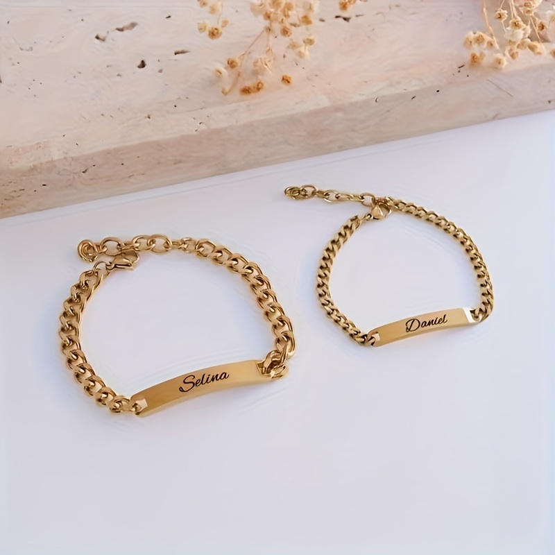 TEMU 1 Set - Customized Couple Bracelet, Personalized Stainless Steel Anniversary Gift - Silvery And Golden Bracelet, High-quality Customized Name