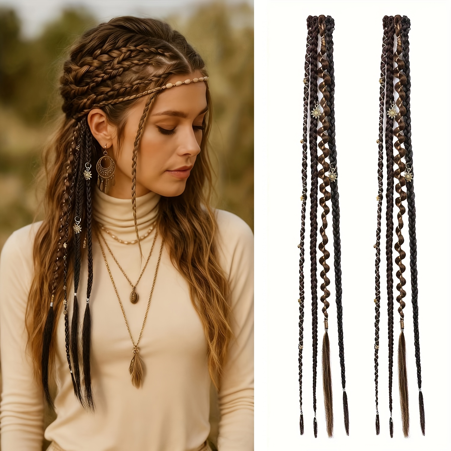 E-shop Bohemian Lange Geflochtene Haare, Handgewebte Perücken Zöpfe mit Dekorativen Haaraccessoires, Haarspangen Zöpfe, Einfach zu Tragen, Geeignet für