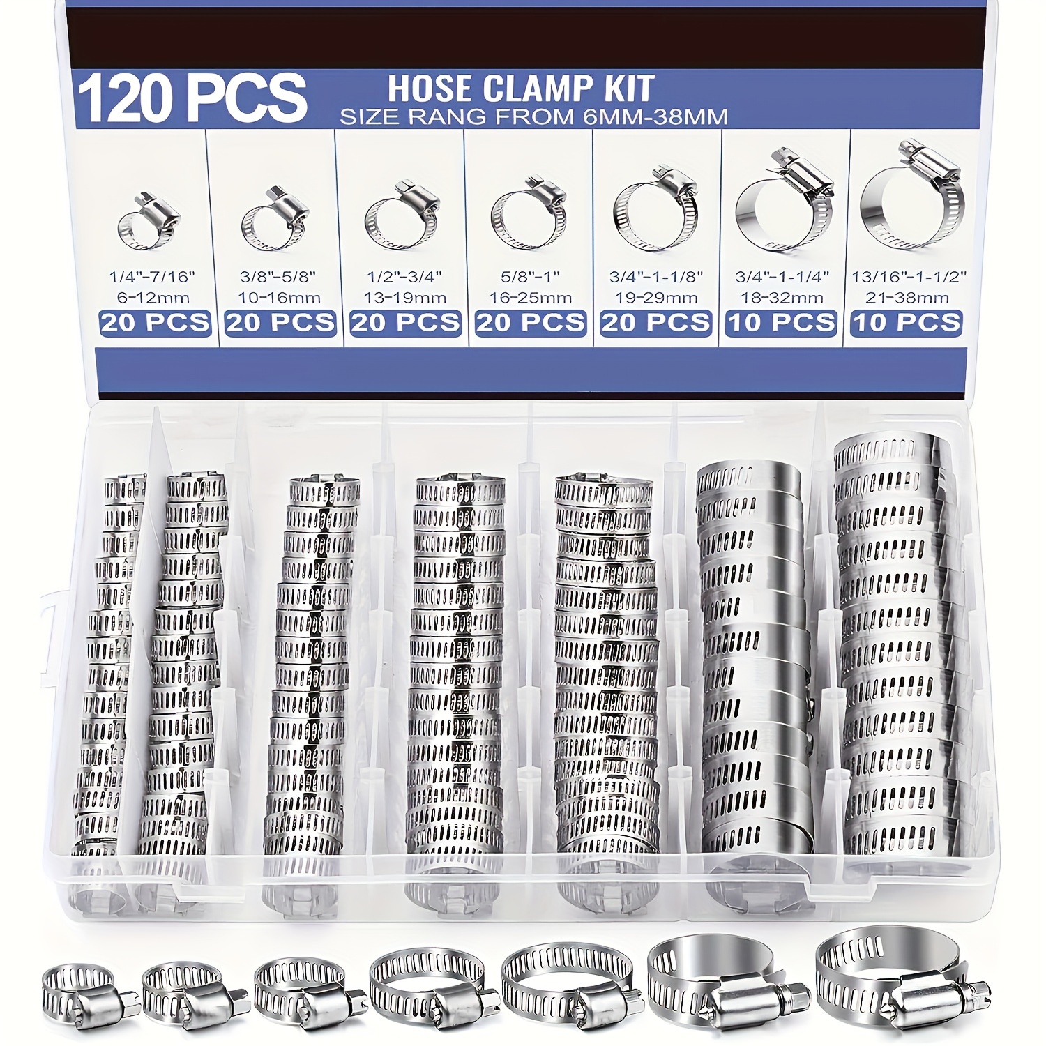 

120pcs Stainless Steel Hose Clamp Kit - For Pipes, Intercoolers, Plumbing & Fuel Lines (1/4'' - 1-1/8'')