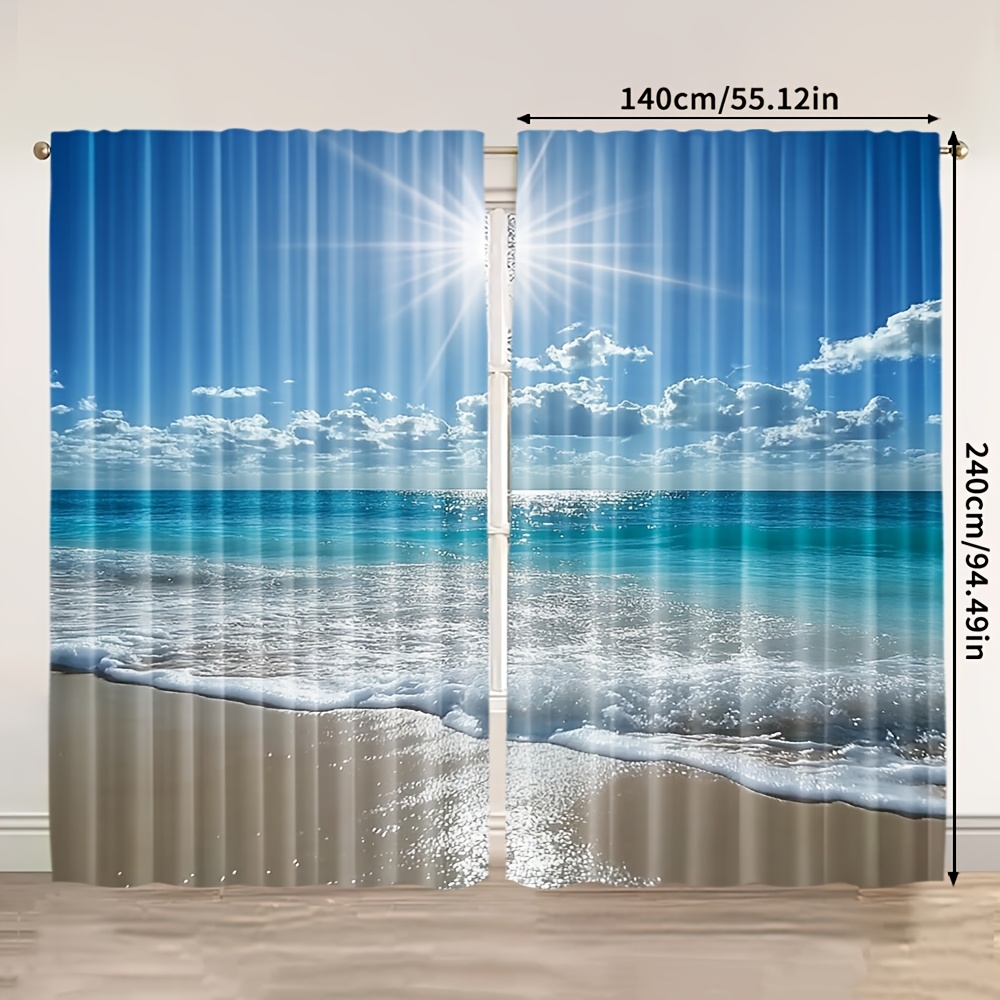 TEMU 2pcs Tropical Beach Window Curtain Panels - Coastal Ocean Waves & Turquoise Sea Design, Semi-sheer Filtering Light Privacy Drapes - No Rod