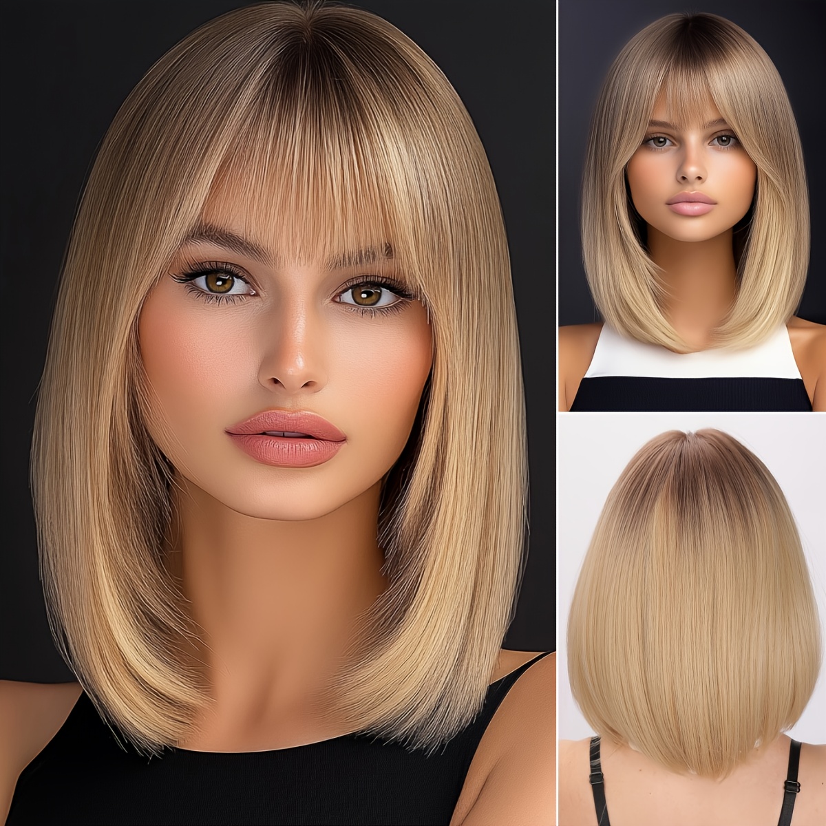 TEMU Chic Blonde-highlighted Bob Wig - Synthetic Hair, Fashionable Middle Part Style For