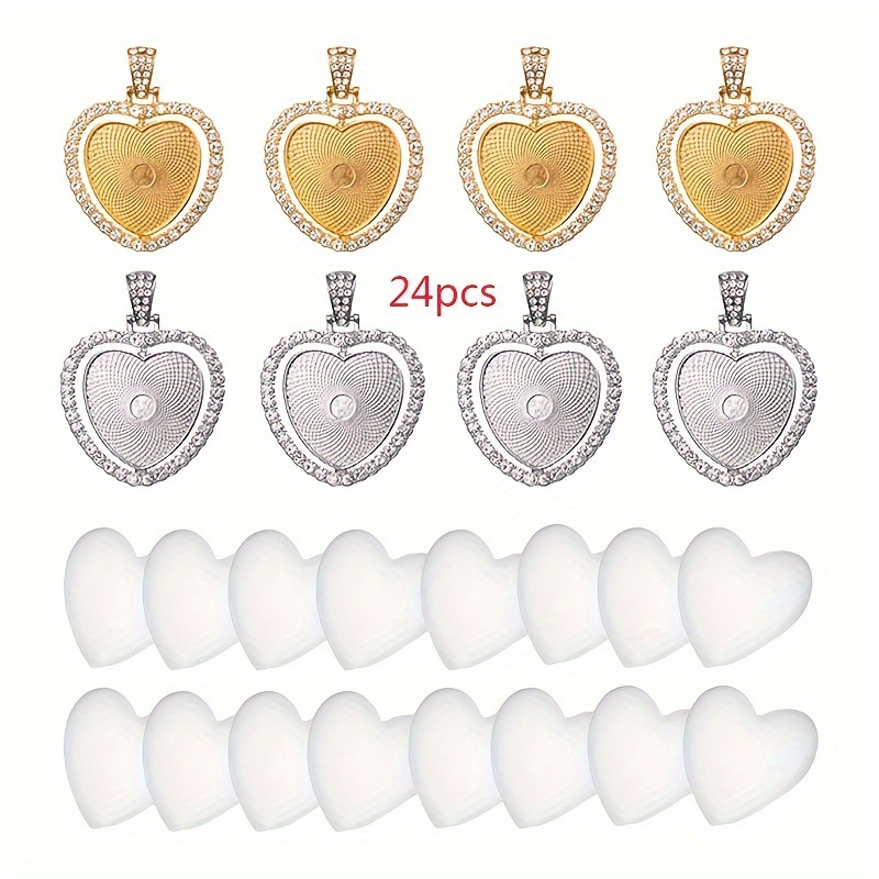 

24pcs Of Golden And Silver Heart-shaped Pendant Trays With 8 Dome Pieces And 16 Bases, A Pendant Double-sided And Rotatable, Diy Gifts.