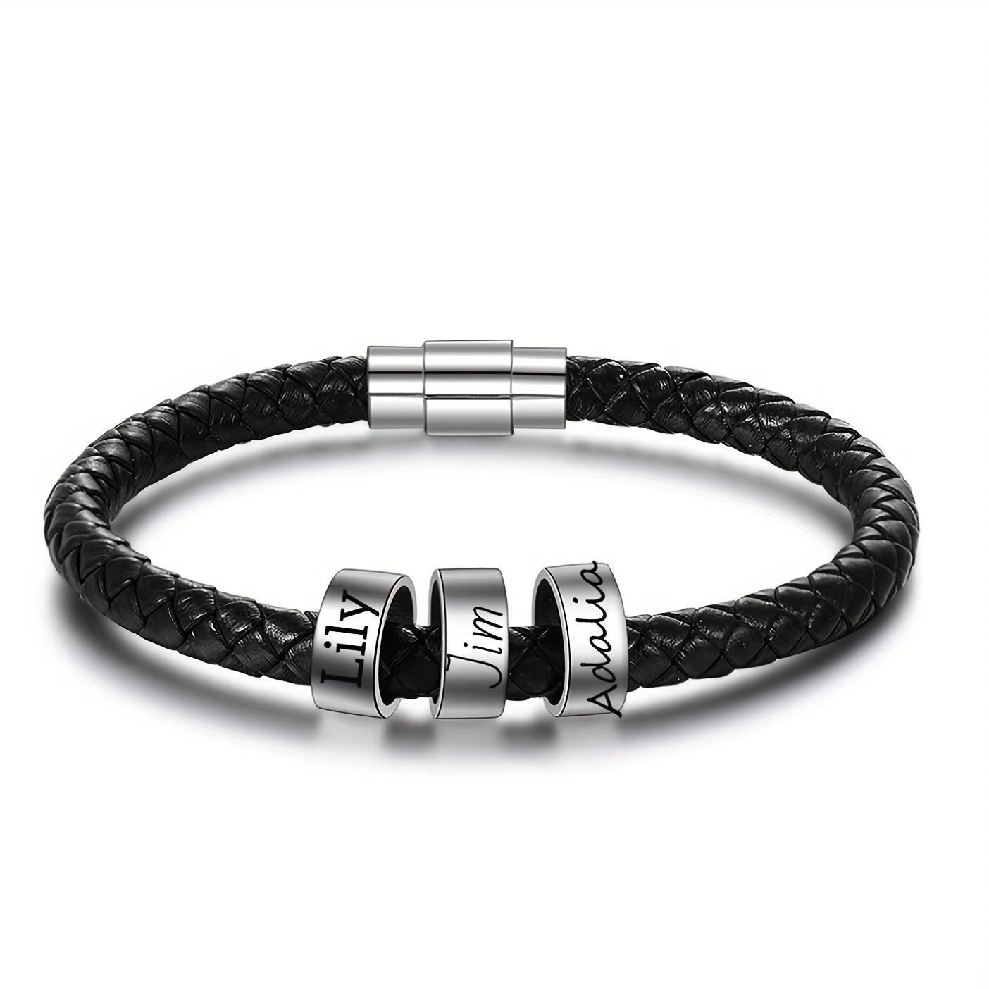 TEMU Custom Men's Bead Bracelets, Personalized Faux Leather Bracelets, Engraved Name Woven Bracelets, Faux Leather Bead Bracelets, Boyfriend Gifts,