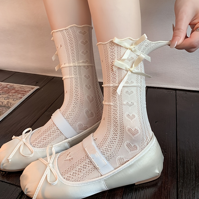 TEMU 1 Pair - Solid Color Heart Pattern Lace Hollow Tube Socks With Double Bow Straps, Casual All-match Leisure Breathable Socks