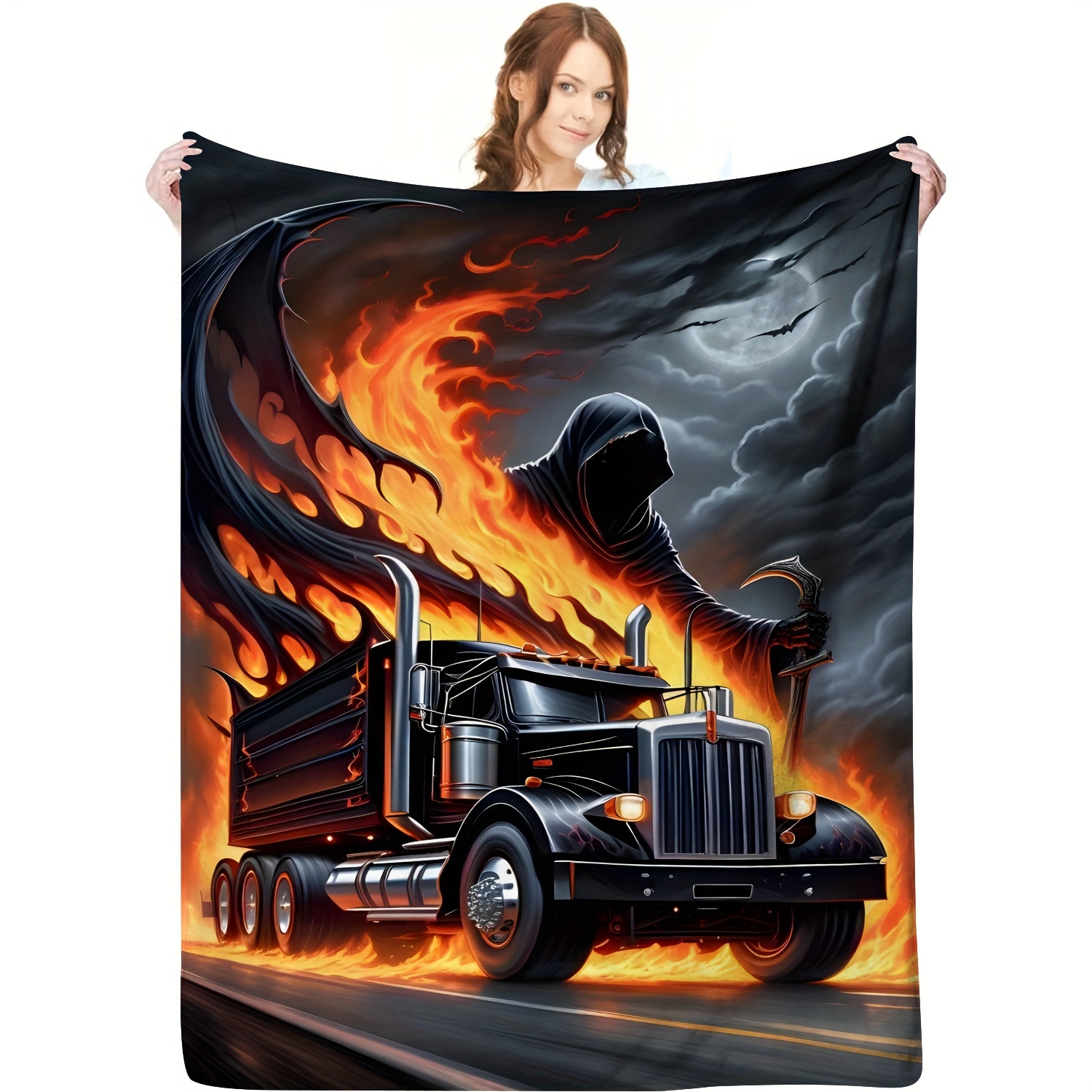 

Style Knitted Throw Blanket - Horror Themed Polyester Flannel Fleece Blanket With Truck And Flames Pattern - All Seasons Cozy Bedding With Unique Embellishment Features