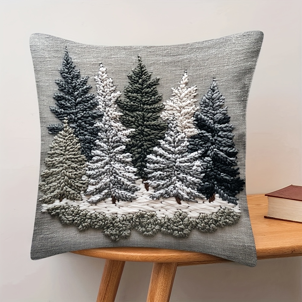 

Cozy Winter Pine Trees Embroidered Throw Pillow Cover 18x18" - Soft Plush, Zip Closure For Living Room, Bedroom & Office Decor, Short Plush, Pillow Cover