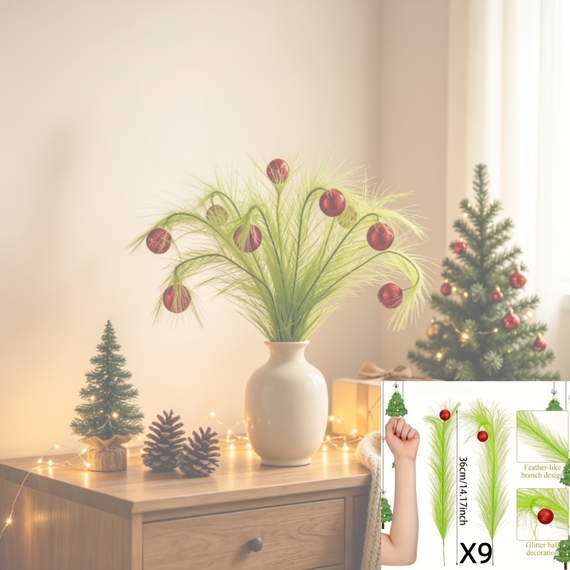 TEMU 9pcs Christmas Artificial Elf With Artificial Green Reed And Red Ball Holiday Gift Box Set, Suitable For Christmas Tree Decoration, Elf