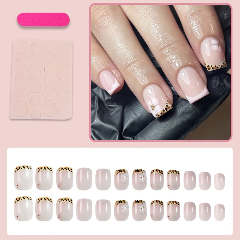 E-shop 24 Stück kurze quadratische selbstklebende Press-On-Nägel, rosa Nagelspitzen, künstliche Nägel mit Blumen- & Leopardenmuster-Design,