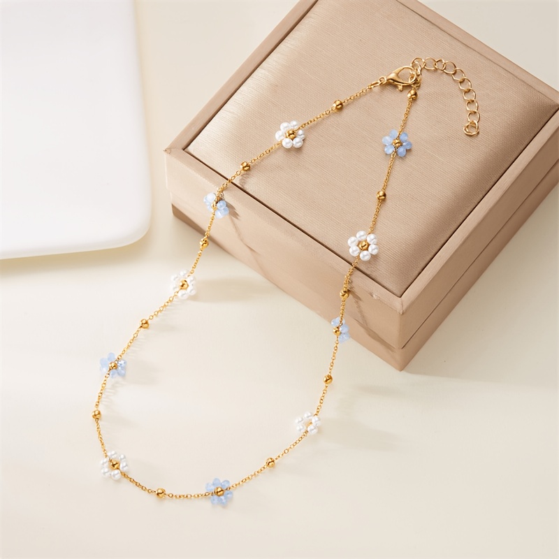 TEMU Collana elegante con perline blu e bianche, realizzata in acciaio inossidabile qualit� con placcatura antitamponamento e ipoallergenica. Adatta
