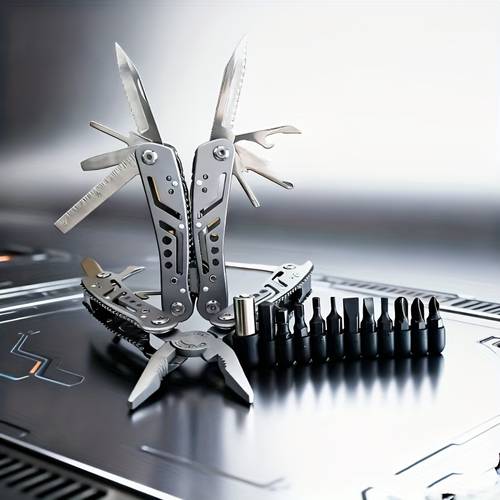 item picture a set of multi functional pliers stainless steel pocket multi tool with a of bit sizes durable sheath integrates functions such as needle nose pliers wire cutters screwdrivers serrated edges ruler bottle opener etc