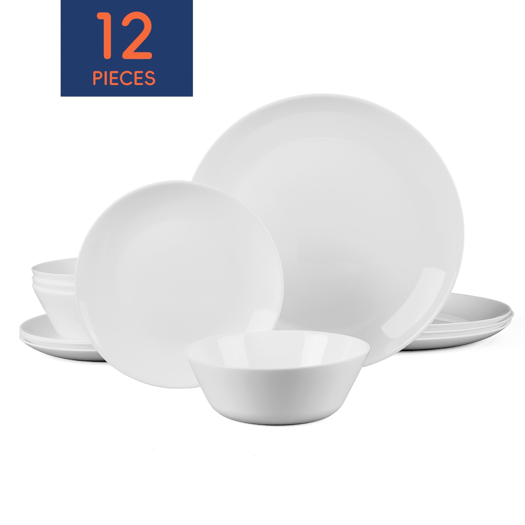 Image of 12pcs Lightweight Glass Dinnerware Set For 4 , Black And White Options Glass Tableware, Includes 26.7cm Dinner Plates, 19cm Salad Plates And 470ml Bowls, Microwave And Dishwasher Safe