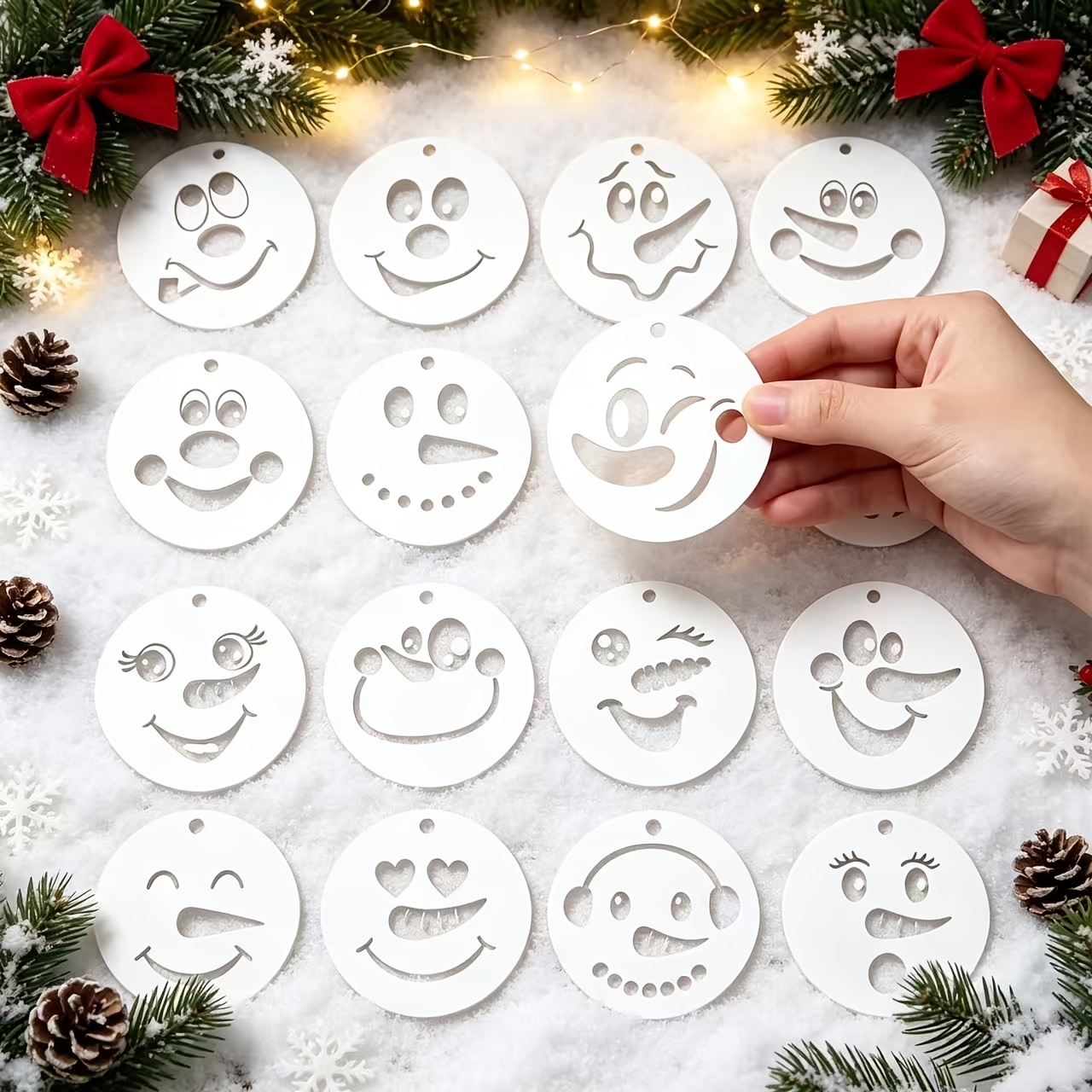 TEMU 16pcs Reusable -colored Christmas Snowman Face Stencils With 16 Faces - Suitable For Diy Snowman Doll Making, , Rock Painting, Wood Crafts, Wall