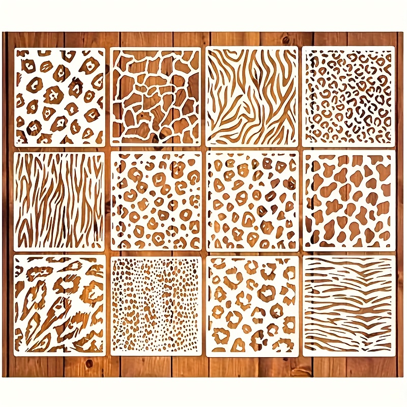 12pcs Leopard Print Templates With Patterns, Animal Cowhide Prints, Plastic Acrylic Templates, Reusable And Tiger Patterns, Suitable For Spray Painting Decoration