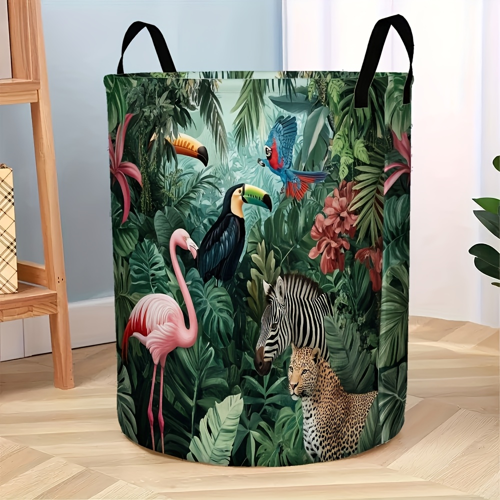 TEMU 1pc Jungle Carnival Laundry Basket - Sturdy Handle, Space- Round Design, Vibrant Tropical Animal And Green Leaf Pattern, Durable Polyester