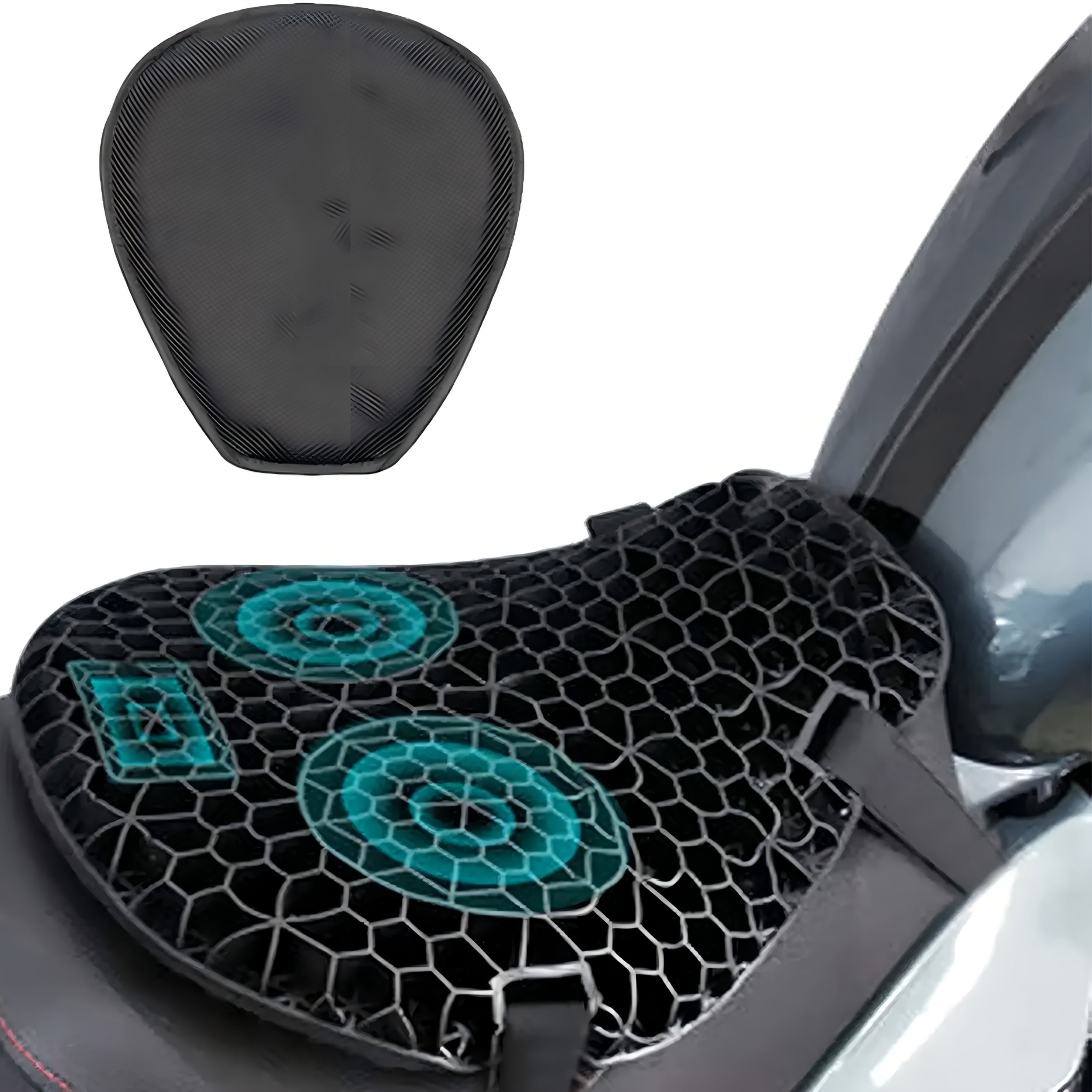motorcycle gel seat cushion with 3d honeycomb design shock absorbing     for long rides breathable perforations adjustable straps fits front rear seats motorcycle seat   riding accessory   straps shock absorption reinforced stitching touring bikers 0