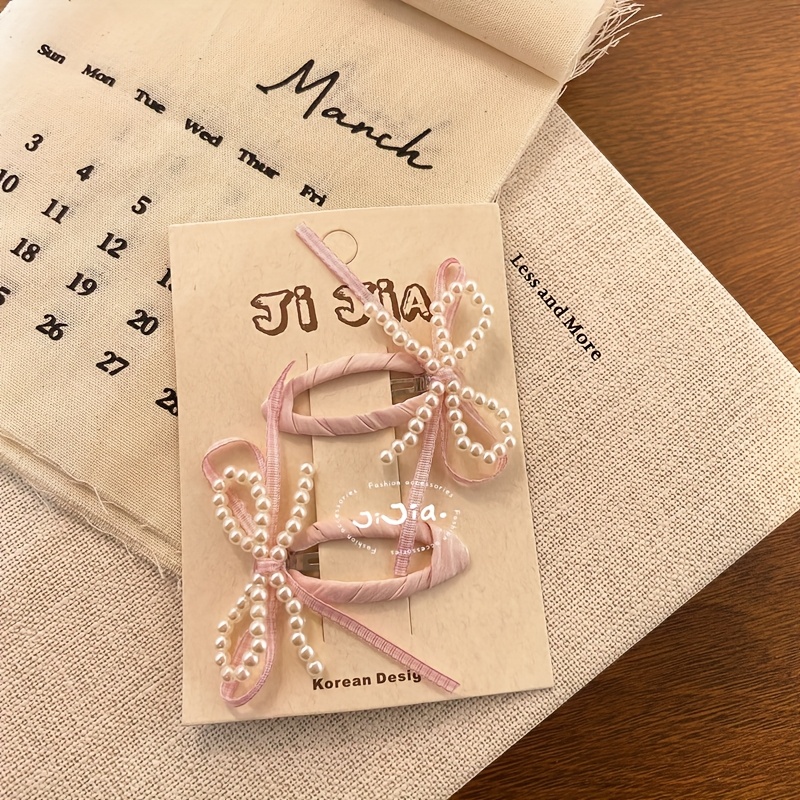 2pcs Set Sweet Colorful Ribbon Bow Hairpin Ballet Style Beaded Bow Bb Clip Cute Broken Hair Clip Hair Additions