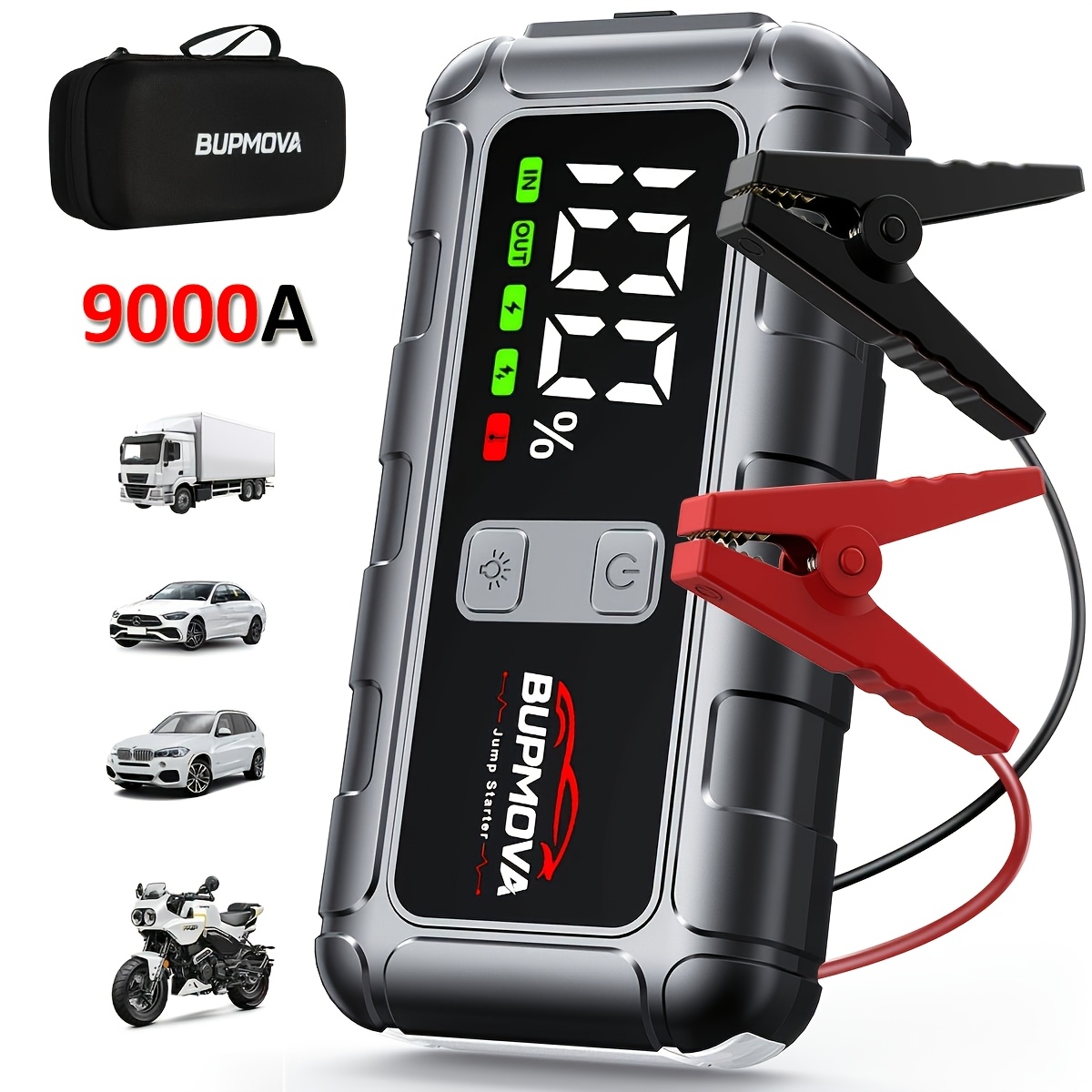 TEMU 12v Car Jump Starter 9000a Auto Battery Power Bank, Jump Box With Led Light Lcd Screen (up To 10.0 Gas Or 8.0l Engine), Portable Carrying Case