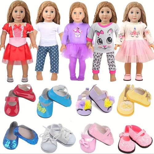 additions for 18 inch doll outfits featuring 5 sets of clothing and of shoes which a gauze skirt a dance skirt pajamas and a casual outfit