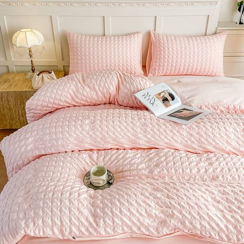 ensemble de 3 pièces housse de couette queen size seersucker super douce collection - housse de couette légère et rafraîchissante - douce et respirante (queen, rose)