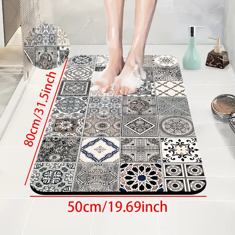 1pc diatomite bath mat classic retro tile pattern print design quick dry non slip absorbent floor mat soft and comfortable for bathroom shower laundry room bedroom doorway kitchen rug rv bathroom Product details 6