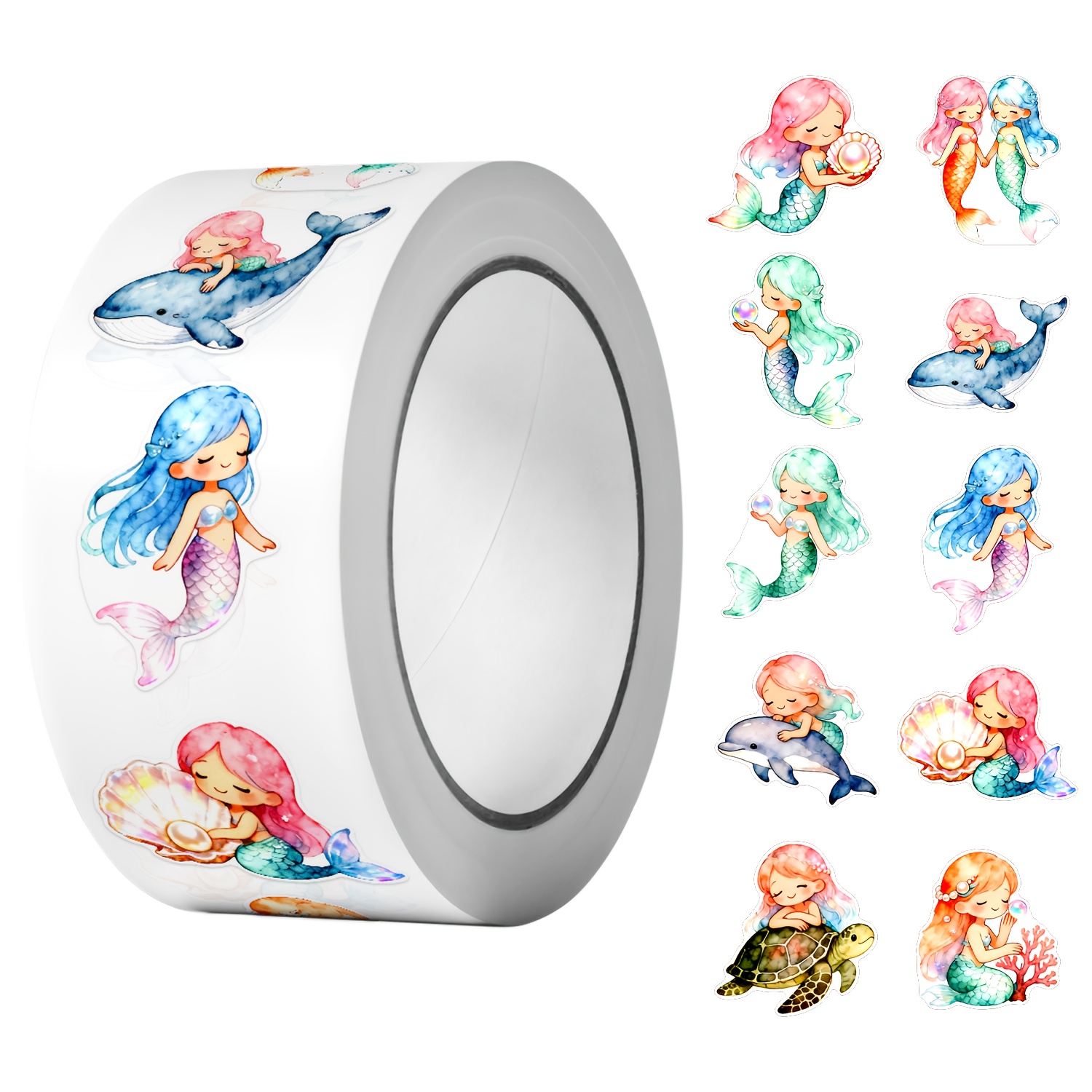 Image of 1roll(500pcs) Irregular Watercolor Cartoon Pretty Mermaids Sticker 2.5cm/1.0'' 10 Designs Decals Art Adorning Suitable For Home Decoration Sealing Stationery Labels Gift Packaging Supply