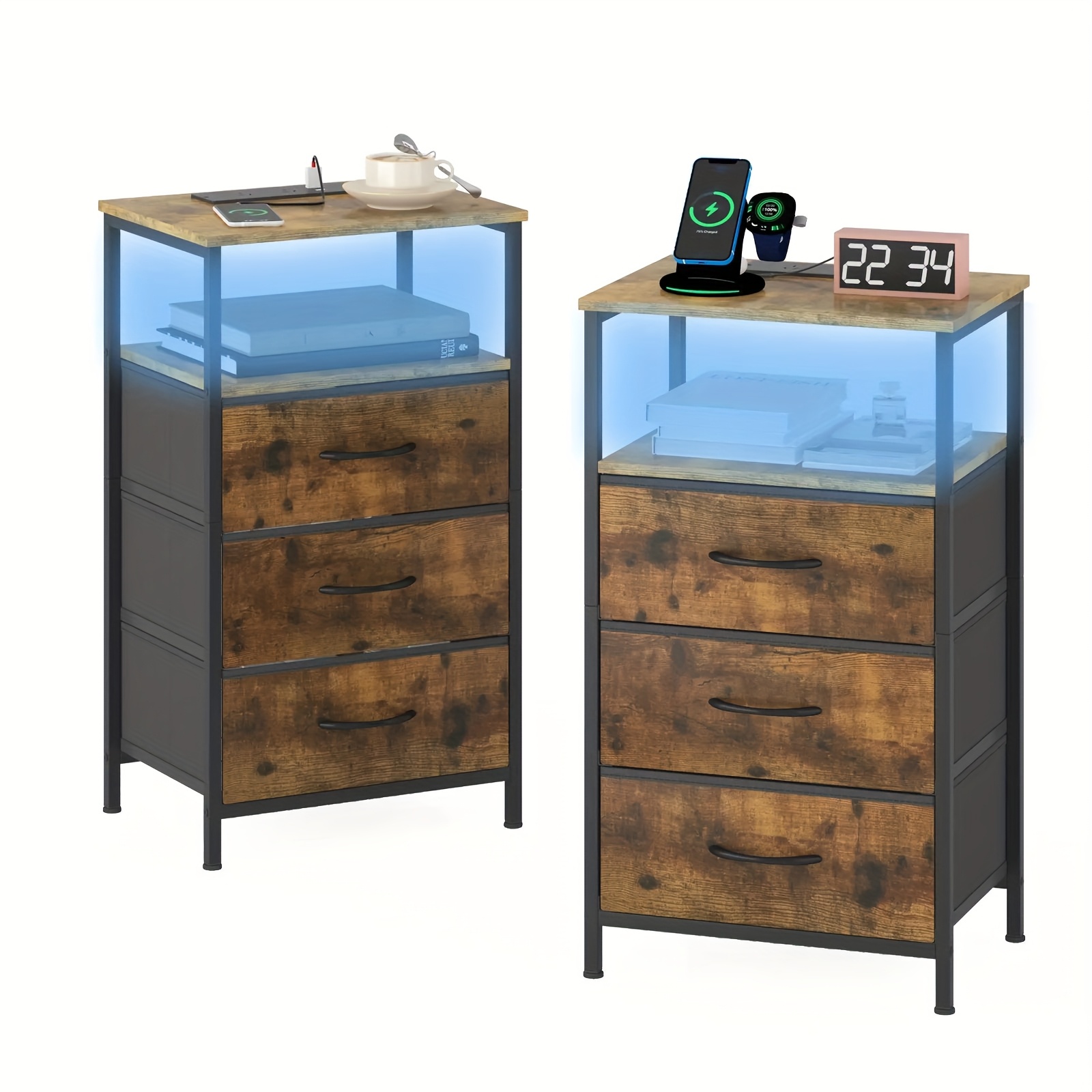 2pcs bedside   fabric drawers wooden tabletop led nightstand with charging station and usb port chest of drawers with storage shelf walnut Product details 0