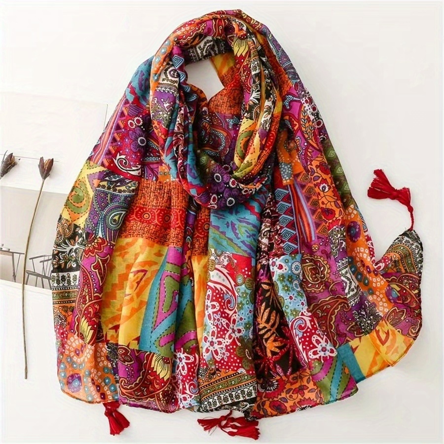 E-shop Neuer Damen Bohemian Style Literarischer Kontrastmuster Patchwork Weicher Casual Quasten Schal Mode Kopftuch Schal für Outdoor All-Match