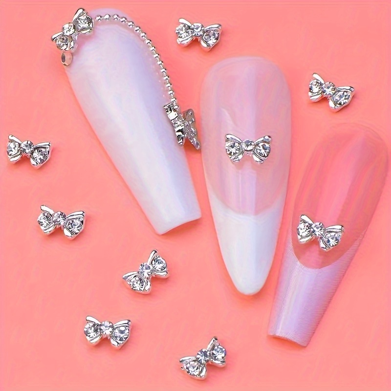 

12pcs Chic Silvery Bow Nail Charms - Alloy Ribbon Decorations For Women & Girls, Diy