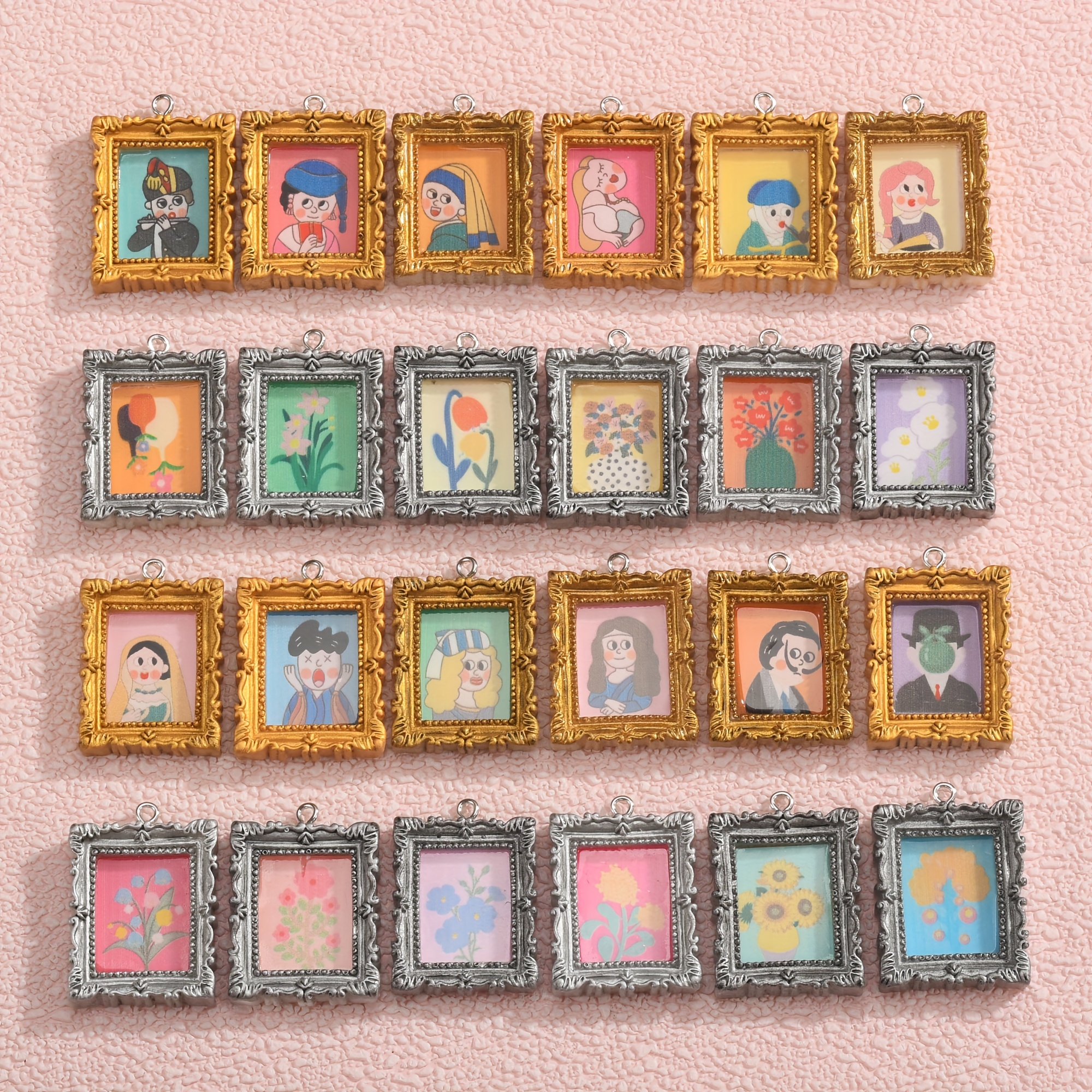 TEMU Random 8pcs Mini Resin Photo Frame Pendant Charms, Assorted Vintage Oil Painting Designs, Suitable For Making, Necklaces, Earrings, Etc