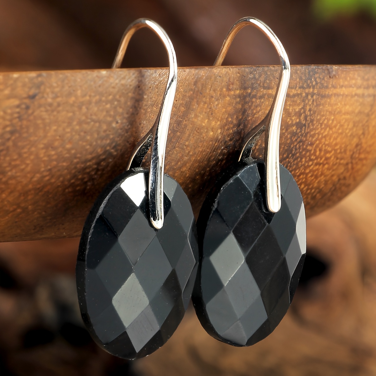 Women's Faceted Obsidian Earrings, Punk Gothic Style