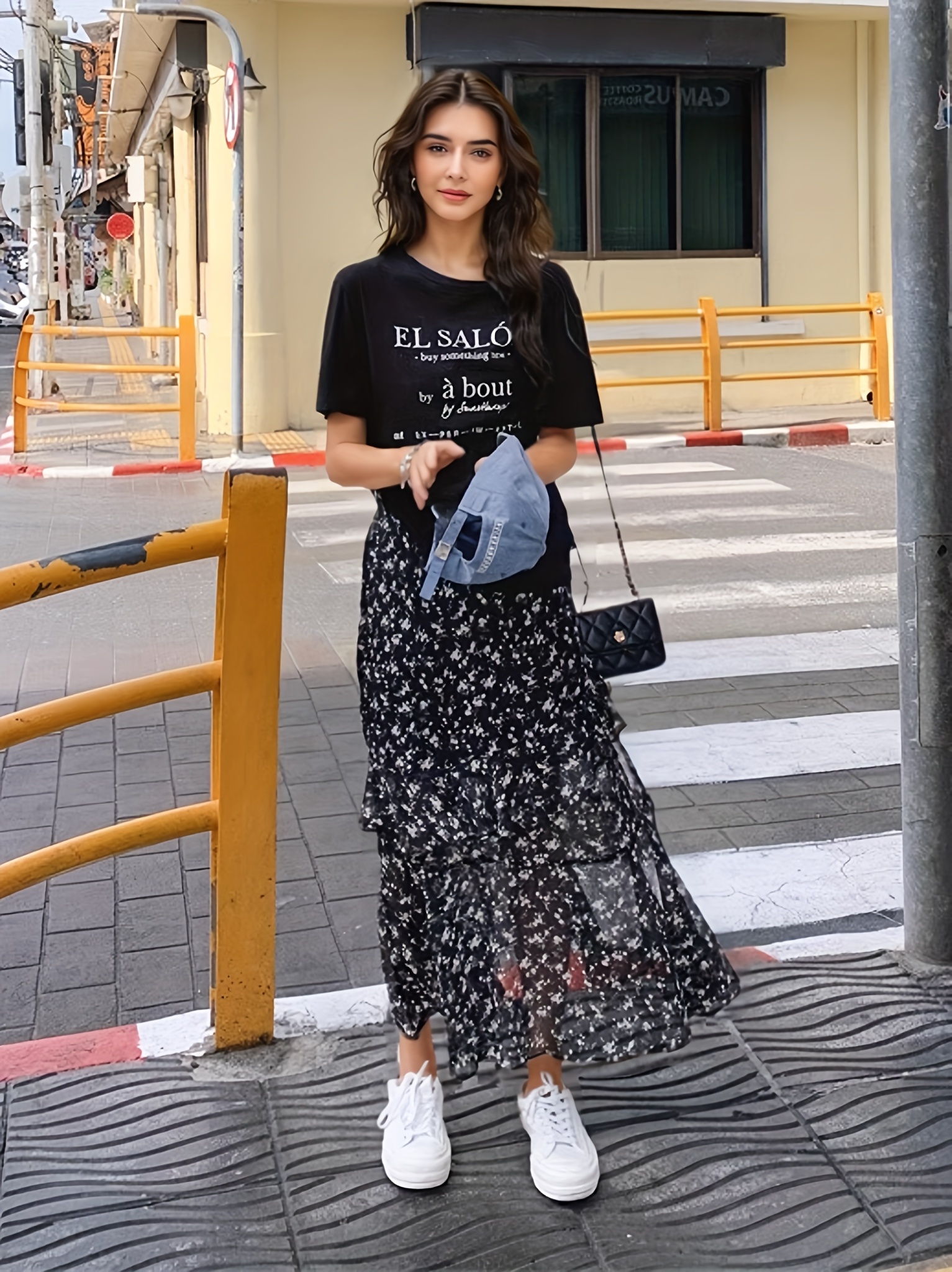 Women'S Black Floral Print Chiffon Maxi Skirt with High Waist, Asymmetrical  Layered Design, Ruffle Details, and Side Summer, Casual to Dressy