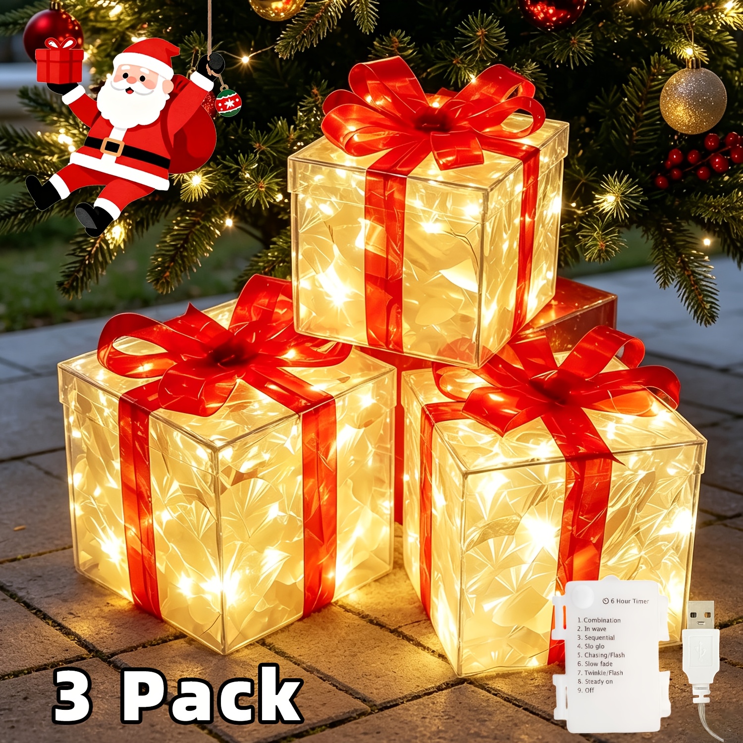 TEMU 3pcs Transparent Warm Light Christmas Gift Box Lights, Detachable Red Bows, 8 Lighting , Usb & Battery Powered With , Decor For Christmas Tree,