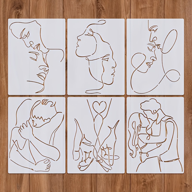 Image of A Set Of 6 Abstract Line Art Painting Templates Featuring Couples, Reusable For Painting On Wood, Glass, Walls, Rocks, Fabric, Canvas, And Glassware (8.3 Inches By 11 Inches)