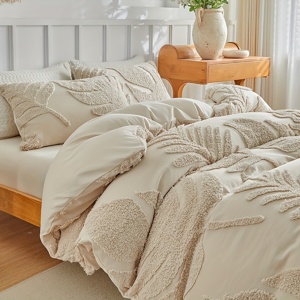 3D Leaf Pattern Duvet Cover Set 2/3pcs Set - High-Quality Tufted Craft, Distressed Style Washable Bedding, Soft Breathable Khaki Bedroom Decor, Multi-Size Available, All-Season Bedding