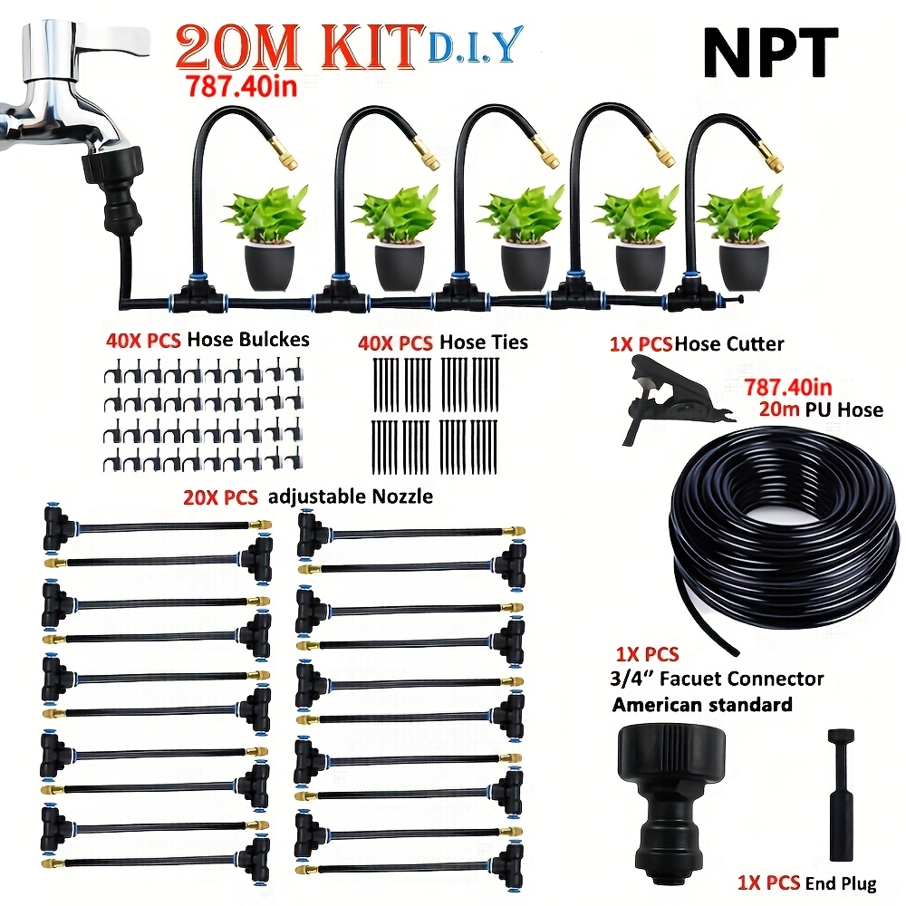 20m universal micro drip irrigation kit with adjustable 7 87 mist nozzle automatic watering system for balcony greenhouse gardening   thread standard tube for bending and shaping no electricity required