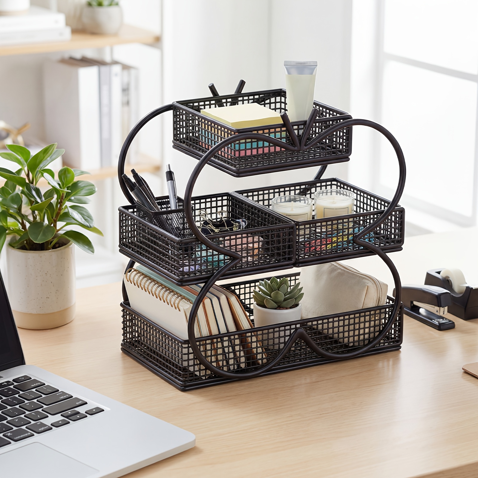 TEMU 4-basket -shaped Square Cosmetic Organizer With Double Layer Shelf & Scientific Partition - Suitable For Vanity, Bathroom Cabinet Storage Box,