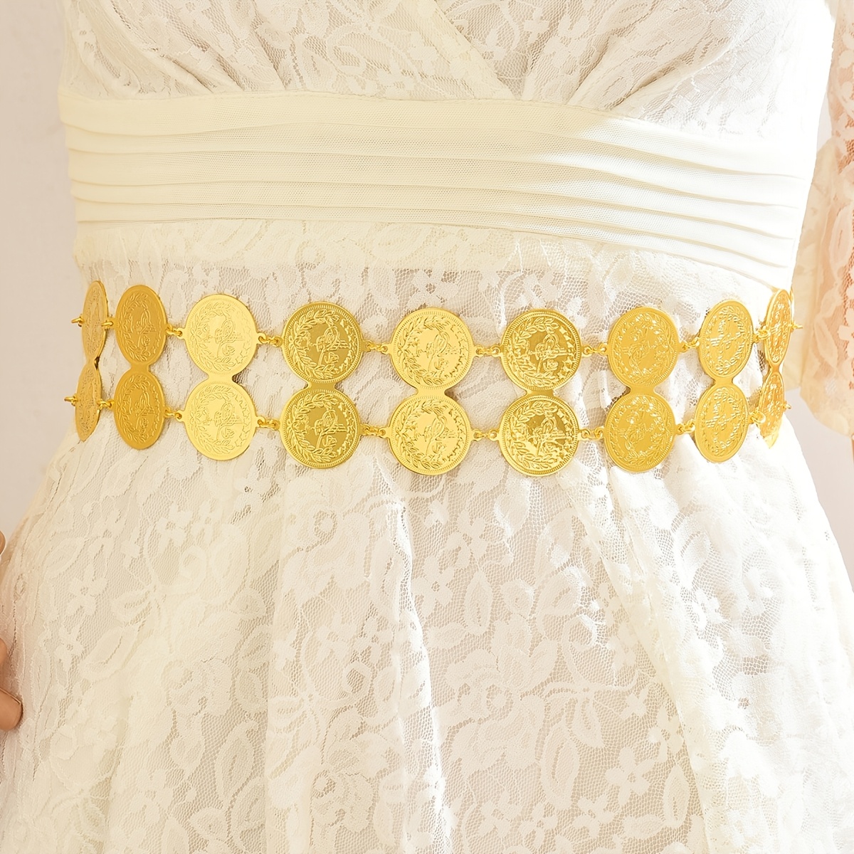 Image of Golden Sparkle Ethnic Style Double-layer Belt With Coin Pattern, Textured Golden Finish, Perfect For Dresses, Ethnic Long Skirts, And As A Fashionable Waistband For Weddings And Parties