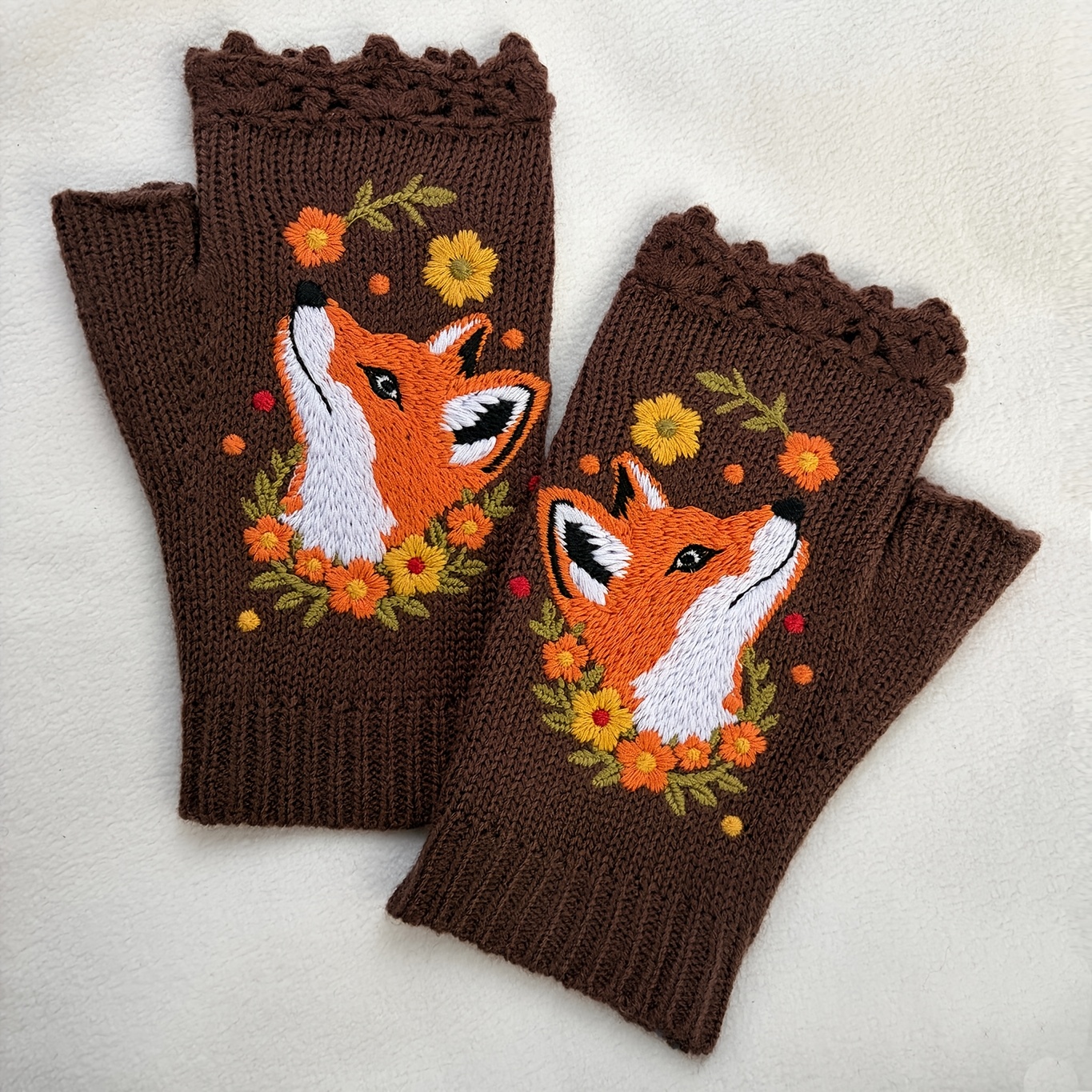 TEMU 1 Pair Spring Autumn Ethnic Style Half-finger Floral Wreath Fox Embroidery Crochet Gloves, Decorative Fingerless Gloves