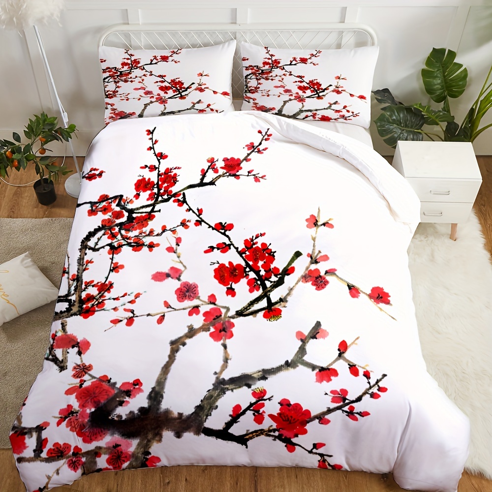 TEMU -2/3pcs Duvet Cover Set, (1 Duvet Cover + 1/2 Pillowcases, Without Insert) Red Sakura Branch Ink Painting Petals Print Soft Comfortable Bedding
