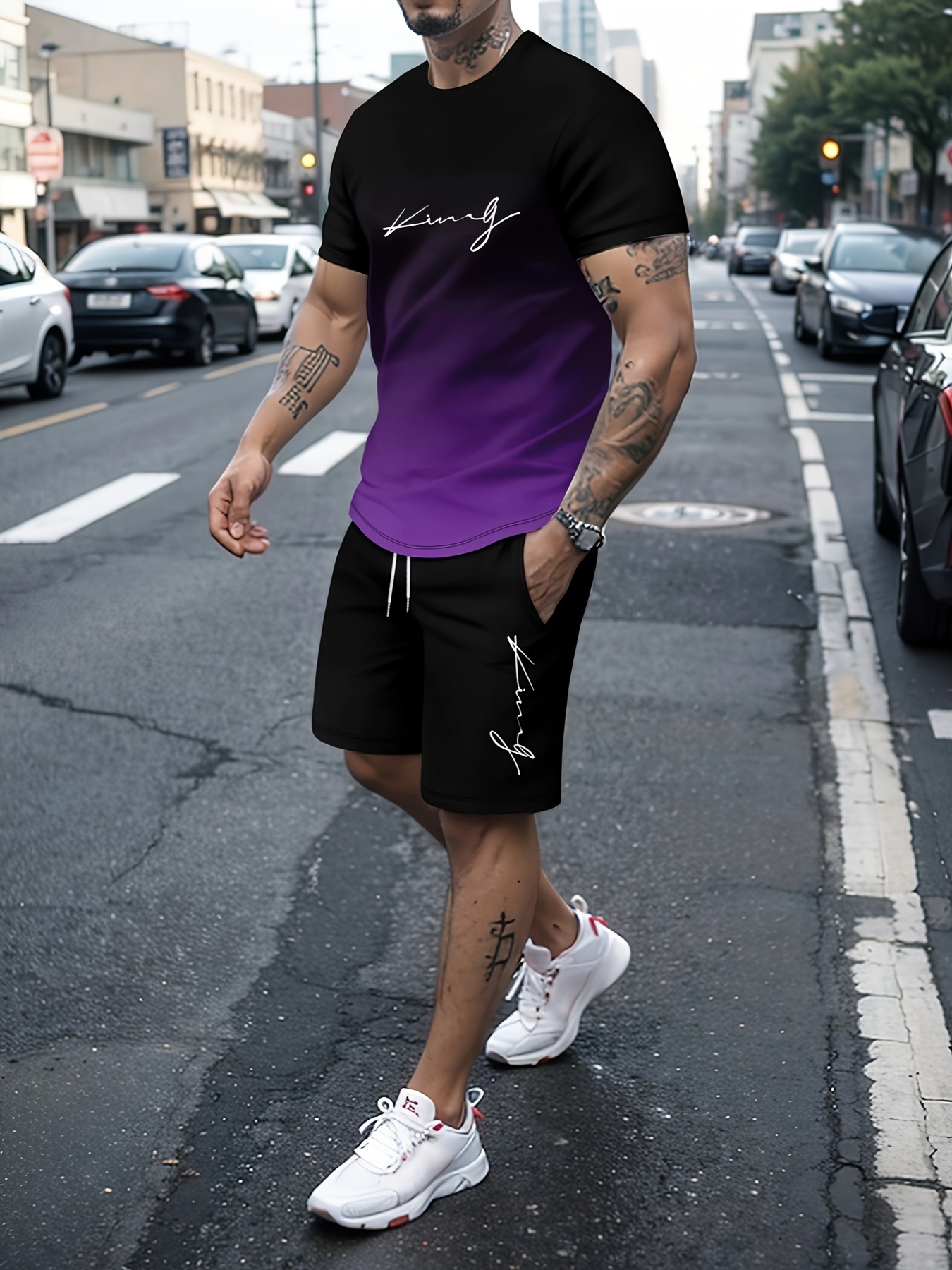 2pcs sportswear mens gradient graphic t shirt active slightly stretch breathable shorts for outdoor details 5