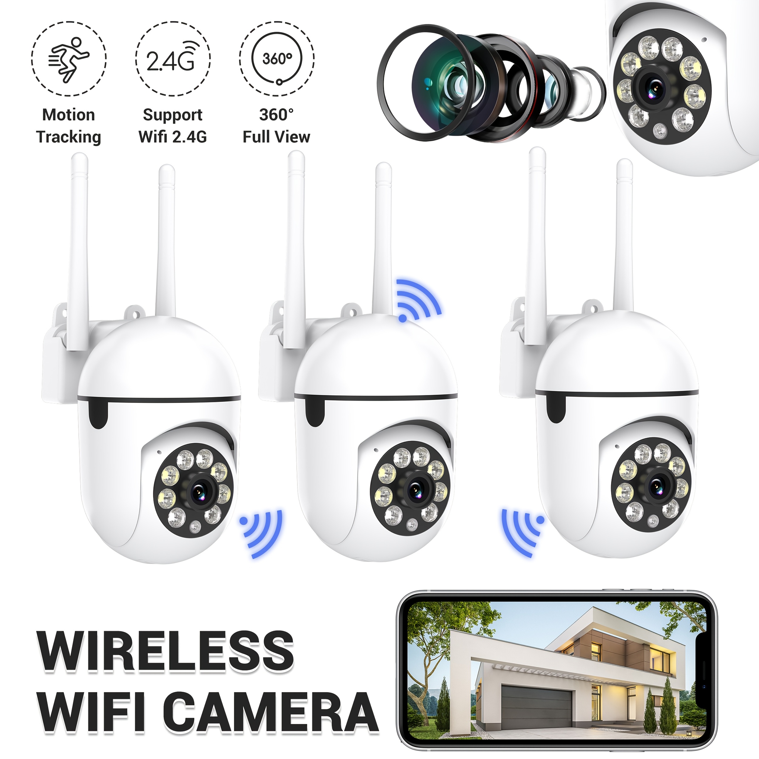 3pcs Ease , 1080p Resolution Wireless Wifi 2.4g, With A Rotatable 355-degree Panoramic Wireless Round Night Vision Camera, Supports Audio, Motion Detection Function, Compatible With Smartphones, Usb