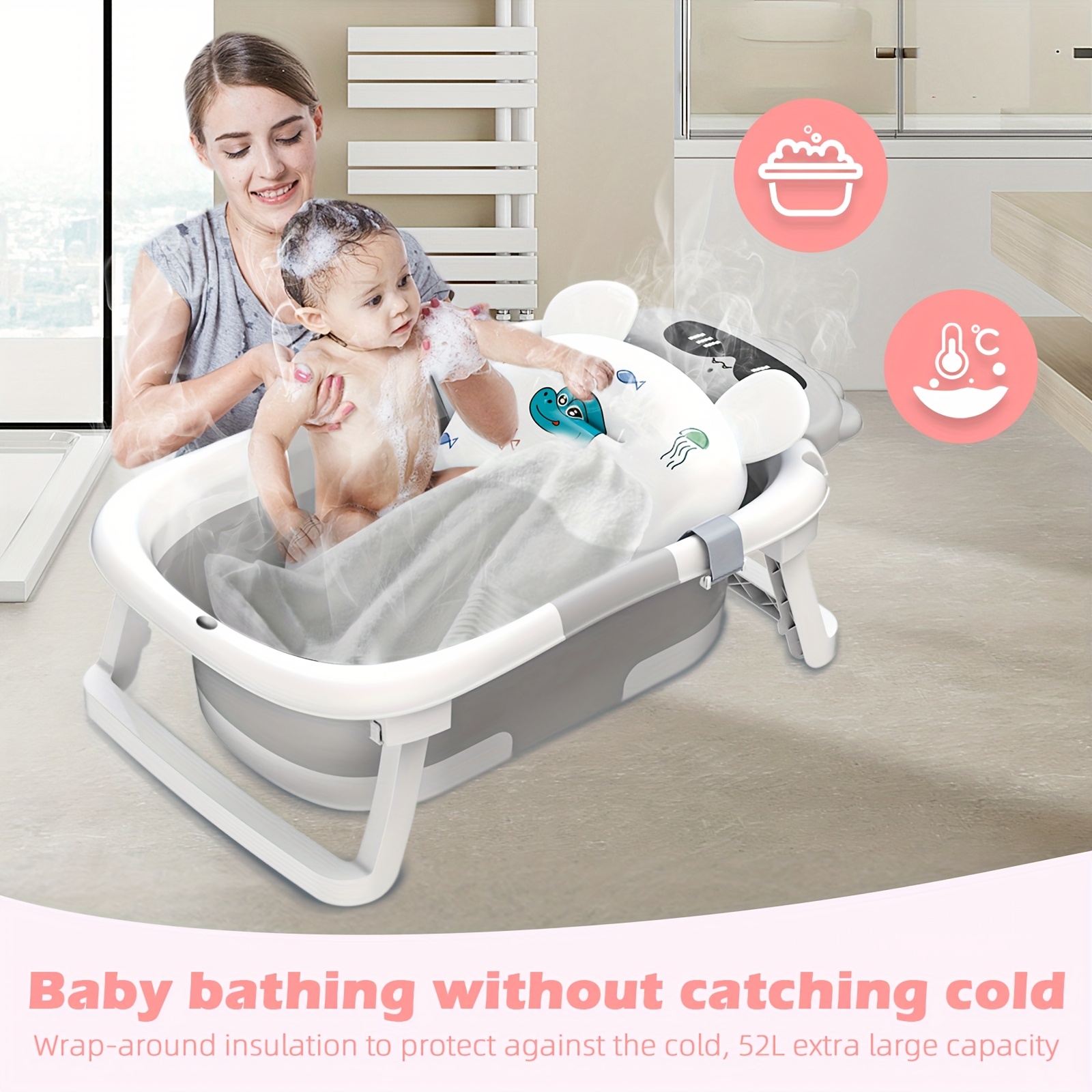 Kada za bebe s dinosaurima, sklopiva PP protuklizna kada za kupanje s jastučićem za podršku, sklopiva kada za novorođenčad i malu djecu od 0-24 mjeseca, poklon za Noć vještica, Božić, Novu godinu i Dan zahvalnosti, Zabavna Baby Shower,Igrački dizajn,Lagani materijal,Protuklizna površina,Novi