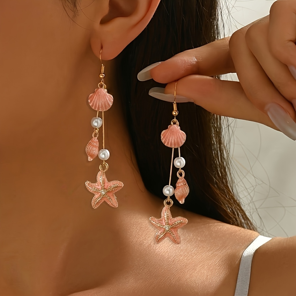 TEMU 1 Paire de Boucles d'Oreilles Pendantes Élégantes pour Femme Printemps/Été, Style Vintage Bohème Vacances Océan, Étoile de Géométrique à Effet