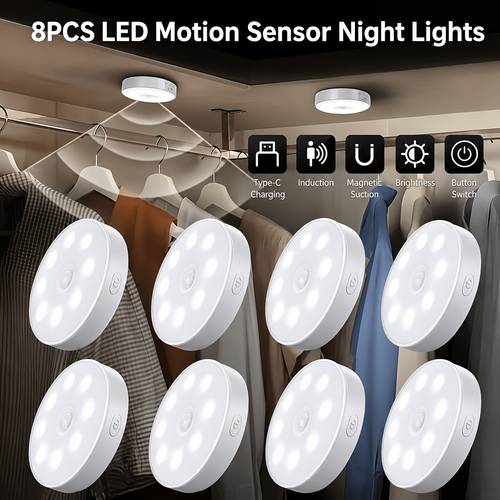 품목 사진 8개입 led 스마트 모션 센서 야간 조명, usb 충전식 무선 모션 감지 조명, 충전식 리튬 폴리머 배터리, 마그네틱 스타일, 무선 조명 제어 벽 조명, 침실, 침대 옆, 기숙사, 옷장, 복도에 적합