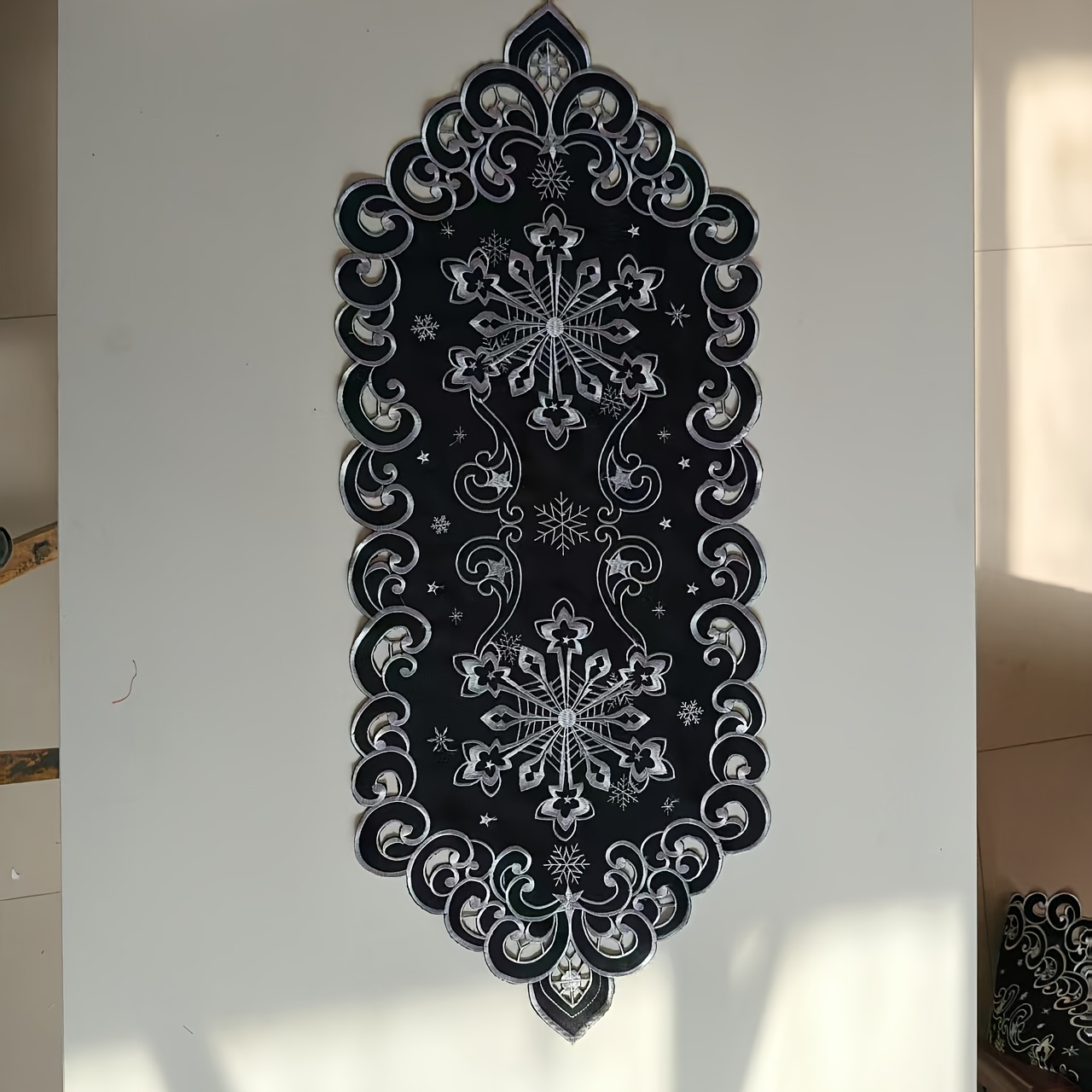 Image of Black Hollow White Line Snowflake Embroidery Tablecloth Table Flag Family Decoration