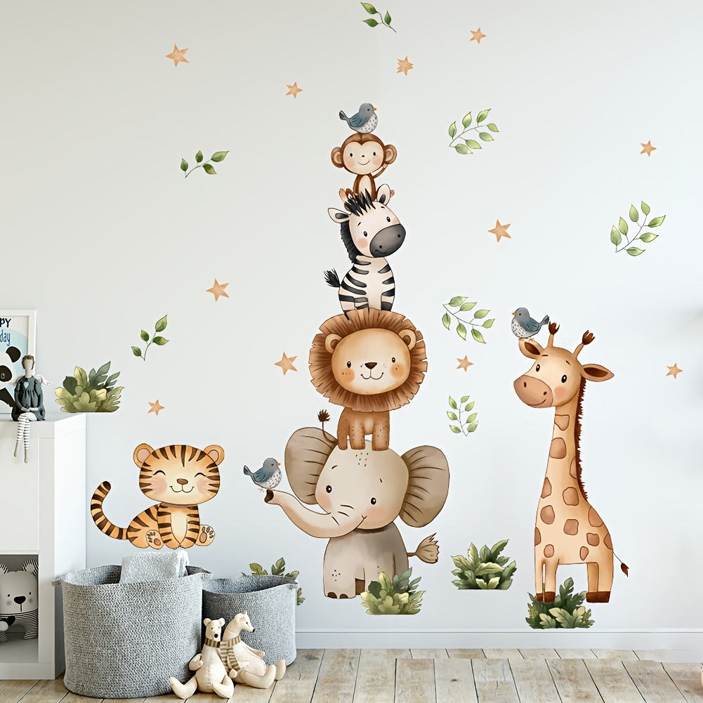 Image of Cartoon Cute Giraffe Elephant Animal Decoration Wall Sticker For Children's Room Bedroom Living Room Sofa Background Wall Home Decoration Wall Sticker