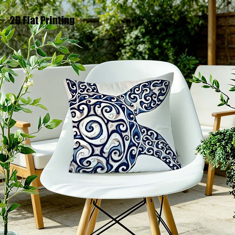 1pc Turtle Print Cushion Cover Suitable for Outdoor Indoor Use, 18x18 Inch Square Pillow Case with Zipper Closure, Blue White Gray Marine-Themed Decorative Cover for Garden Sofa Bed, Machine Washable Turtle Shell, 2D Flat