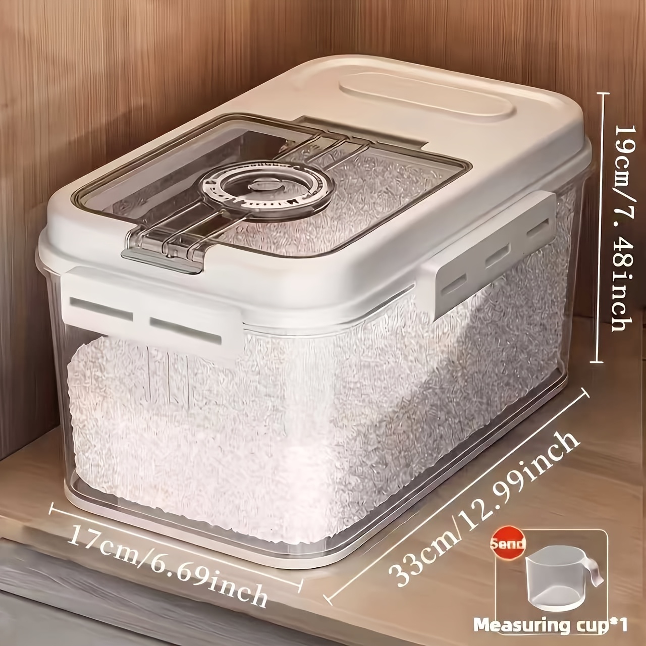 TEMU 1pc Sealed Rice Bucket Storage Tank With Measuring Cup, Square Flip Rice Bucket, Durable, Insect Proof, Moisture-proof, Large Capacity Sealable