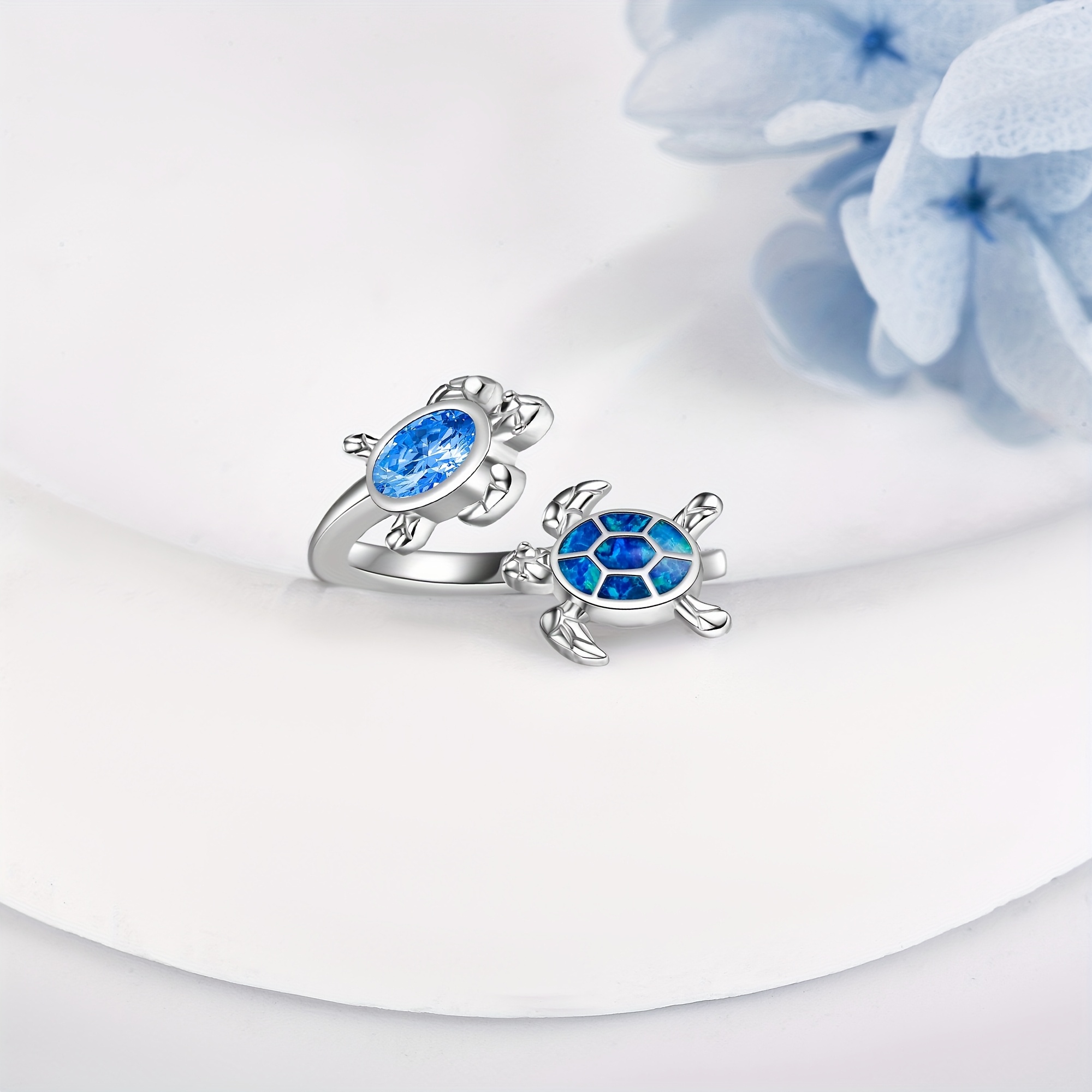 Sea Turtle Ring 925 Sterling Silver Synthetic Opal Adjustable Ring