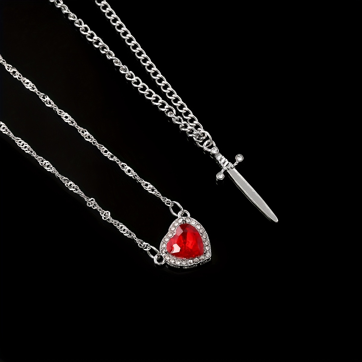 TEMU 2pcs Y2k Vintage Heart And Sword Necklace Unique Couple's Jewelry Silvery Necklaces Gift For Wedding Party Suitable For Men's Women's Birthday